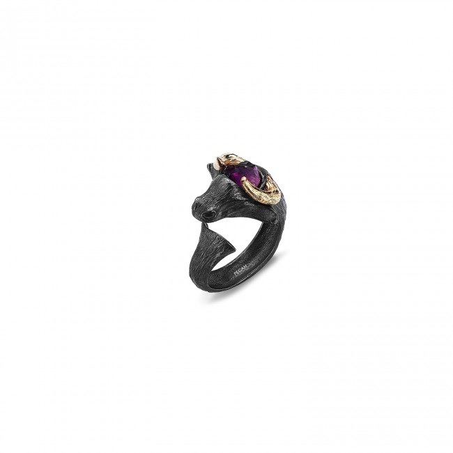 Matador Gold Horn Black Ametist Ring - Thumbnail