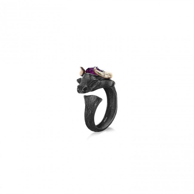 Matador Gold Horn Black Ametist Ring - Thumbnail