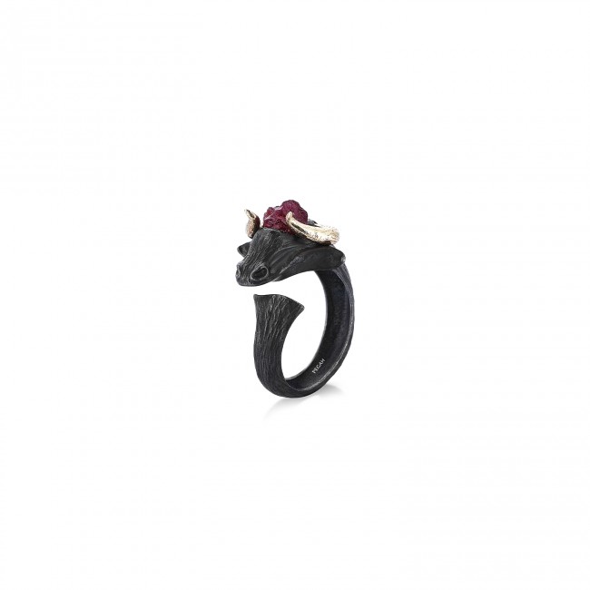 Matador Gold Horn Black Ruby Ring - Thumbnail