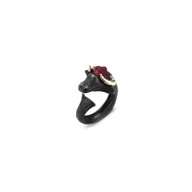 Matador Gold Horn Black Ruby Ring - Thumbnail