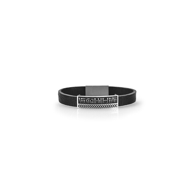 Farvahar Ahuramazda Cuneiform Leather Silver Wristband - Thumbnail