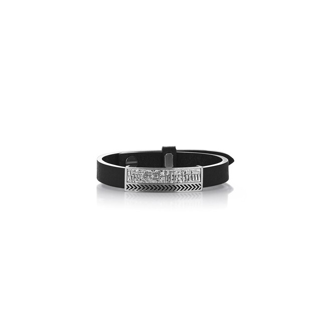 Farvahar Ahuramazda Cuneiform Leather Silver Wristband - Thumbnail